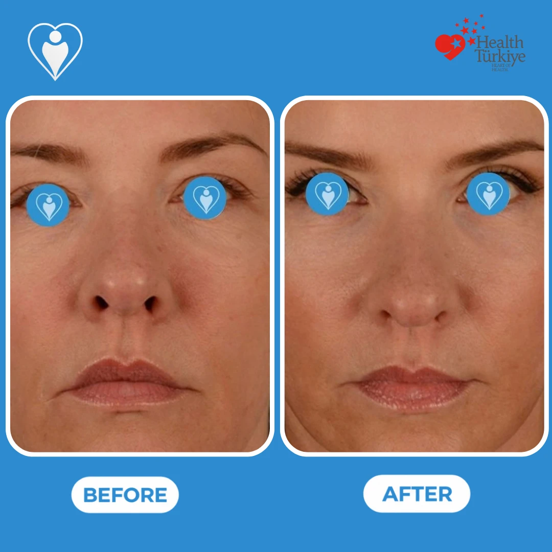 Nose surgery in Istanbul, before and after: front view of a woman's nose with a wider tip and nostrils before and a narrower nose after, patient of Dr. Jale Özdemir, Flymedi.