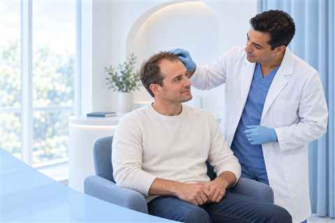 Eine Ärztin untersucht den Haaransatz eines Patienten während einer Beratung zur Haartransplantation.