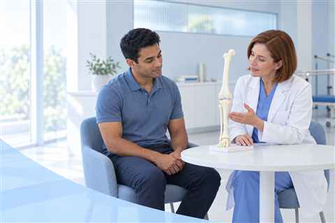 Ein Arzt zeigt einem Patienten ein Beinknochenmodell während einer Beratung zur Gliedmaßenverlängerung.
